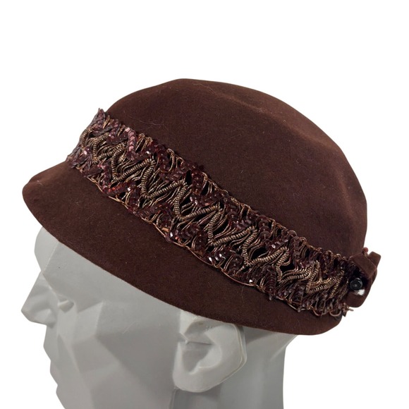 Accessories - Vintage Brown Wool Felt Cloche Hat Sequin Metallic Trim Bow Accent Chocolate